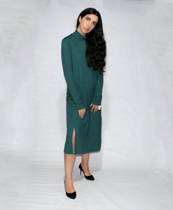 GREEN LONG SLEEVE TURTLE NECK DRESS WITH SIDE SLITS - EEBRU